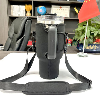 Portable insulated beverage cup cover made of durable cloth material in black, pink, and apricot colors for outdoor use