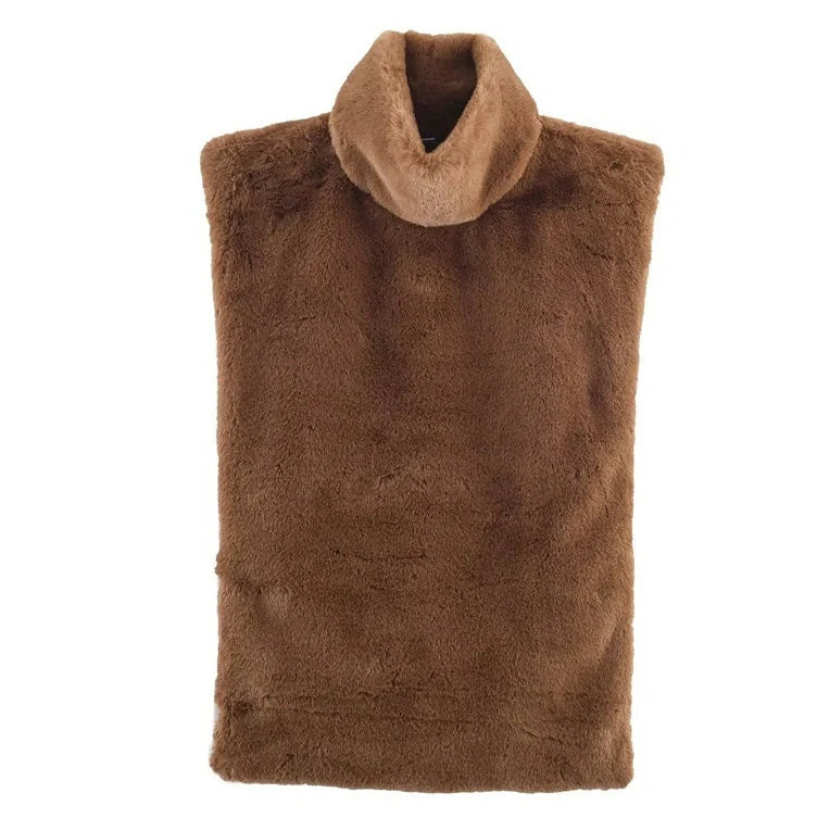 Women's dark brown half-turtle neck sleeveless top with furry texture, showing 40-50cm length