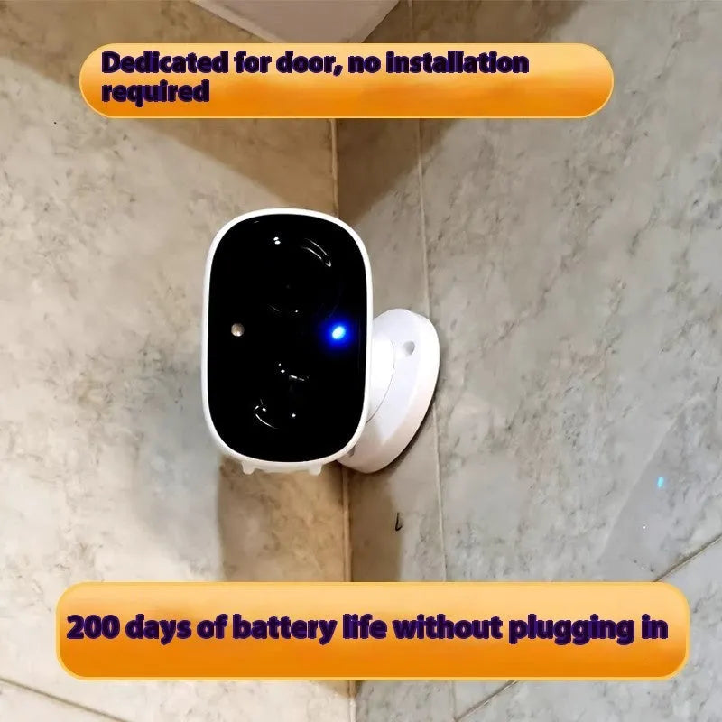 White wireless indoor security camera with built-in bracket on a shelf.