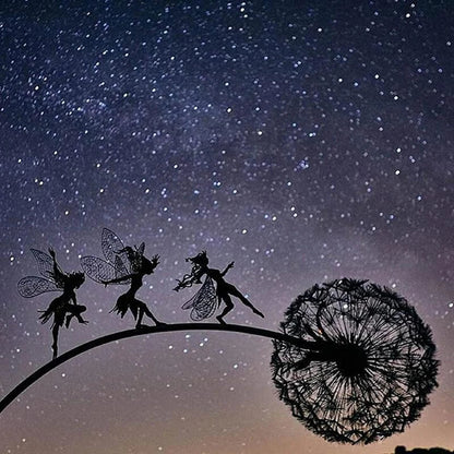 Enchanting metal fairy garden sculptures in the shape of fairies and pixies dancing on dandelions, designed for year-round outdoor or indoor display