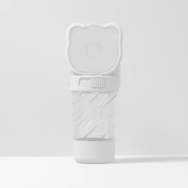 Green 3-in-1 pet water bottle showing water dispenser, food container, and waste bag compartment