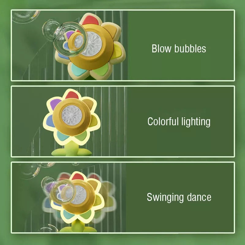 Dancing Sunflower Bubble Machine with light creating colorful bubbles outdoors