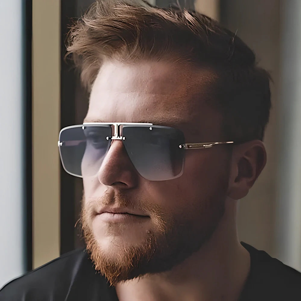 Retro square frame metal sunglasses for men in black or gold with UV400 PC grey lenses, 55mm size