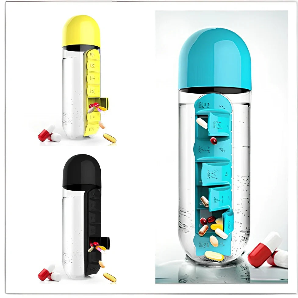 Two-in-one water cup with attached 7-day pill organiser showing daily compartments and screw-top lid