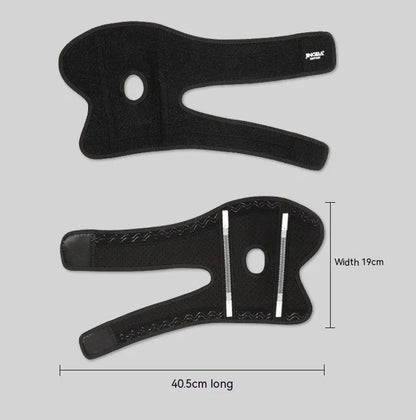 Black adjustable sports elbow guard worn on an adult arm.