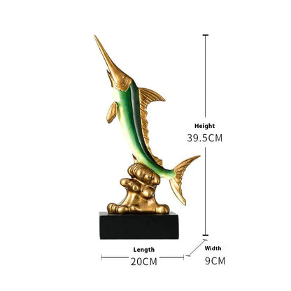 European-style swordfish resin ornament in Brilliant Gold, Coral Red, Lake Blue, or Sea Green colour options