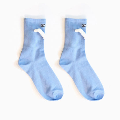 Stylish couple matching mid-tube socks in various colors for a fun and fashionable look.