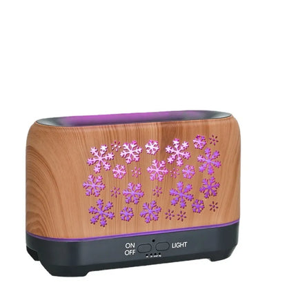 Square wood grain humidifier with colourful snowflake pattern and multicolour flame effect mist.