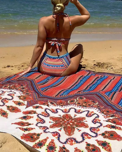 Women's three-piece swimsuit set with sleeveless top, high-waist briefs, and cover-up coat in picture colour