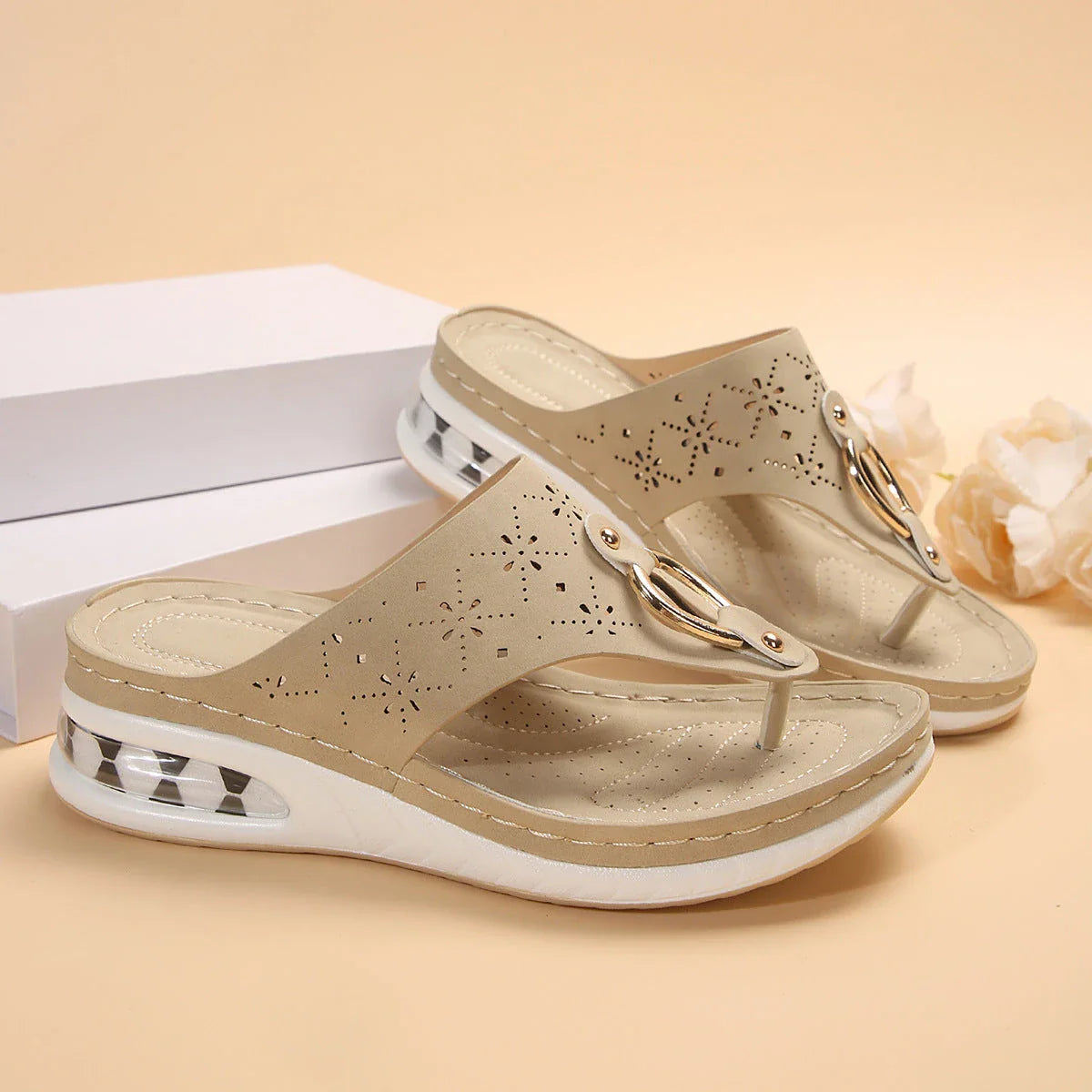 Stylish women's air cushion wedge sandals in various colors and sizes, featuring herringbone toe design and metal buckle accents