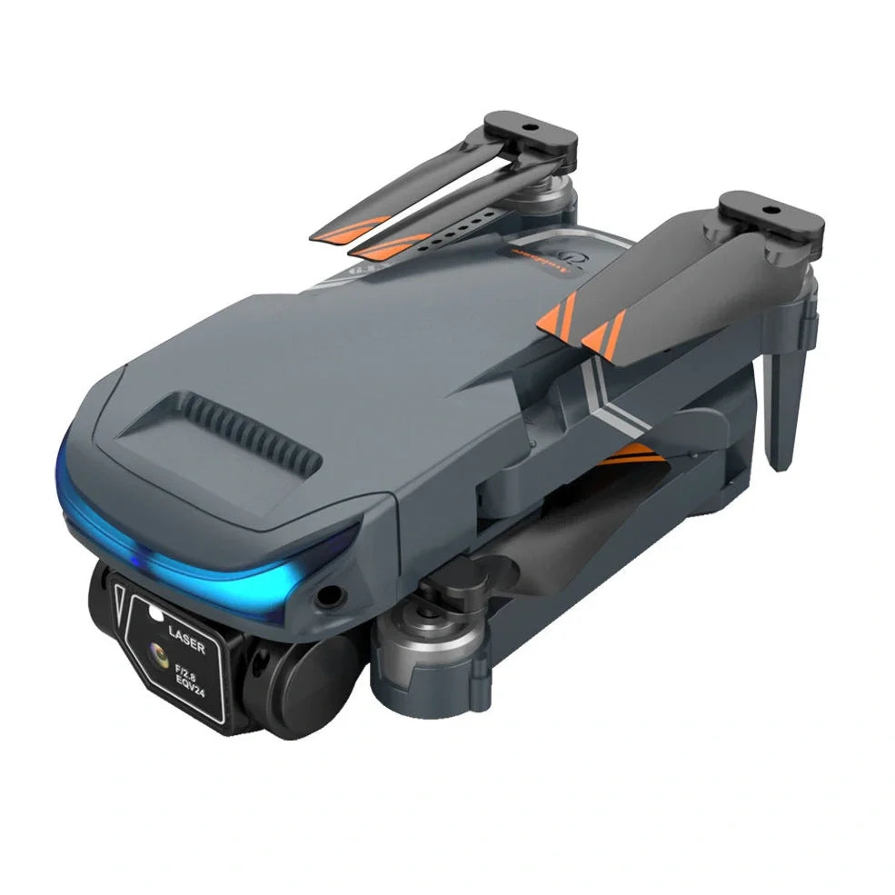 Black foldable drone with dual 4K cameras, unfolded to 18cm with protective covers installed