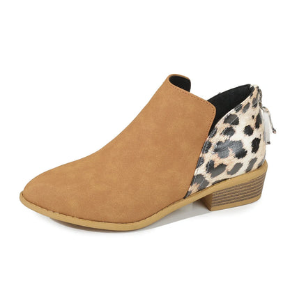 Women's leopard print boots with pointed toe and chunky heel in various colors