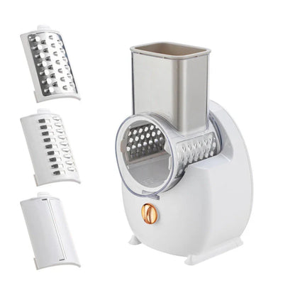 Versatile Electric Vegetable Slicer with interchangeable blades for slicing, shredding, and chopping a variety of produce