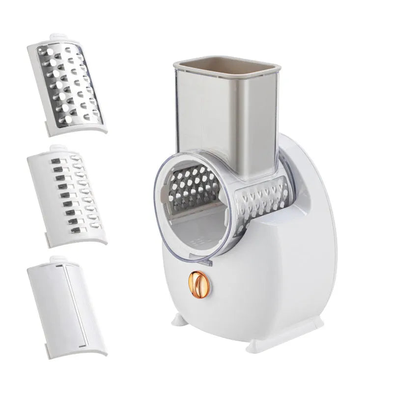 White electric vegetable slicer with rotary grater and suction base for kitchen use