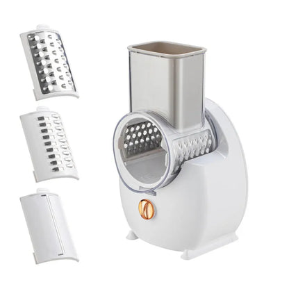 White electric vegetable slicer with rotary grater and suction base for kitchen use