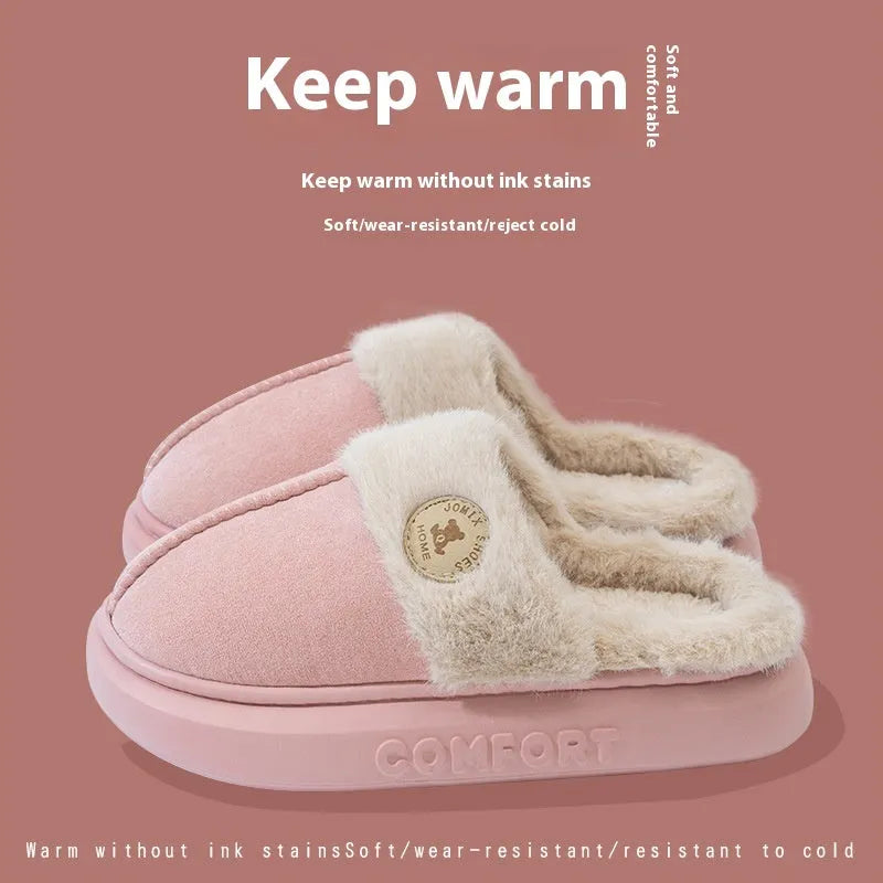 Thick-soled fleece indoor slippers with non-slip PVC sole in various colours