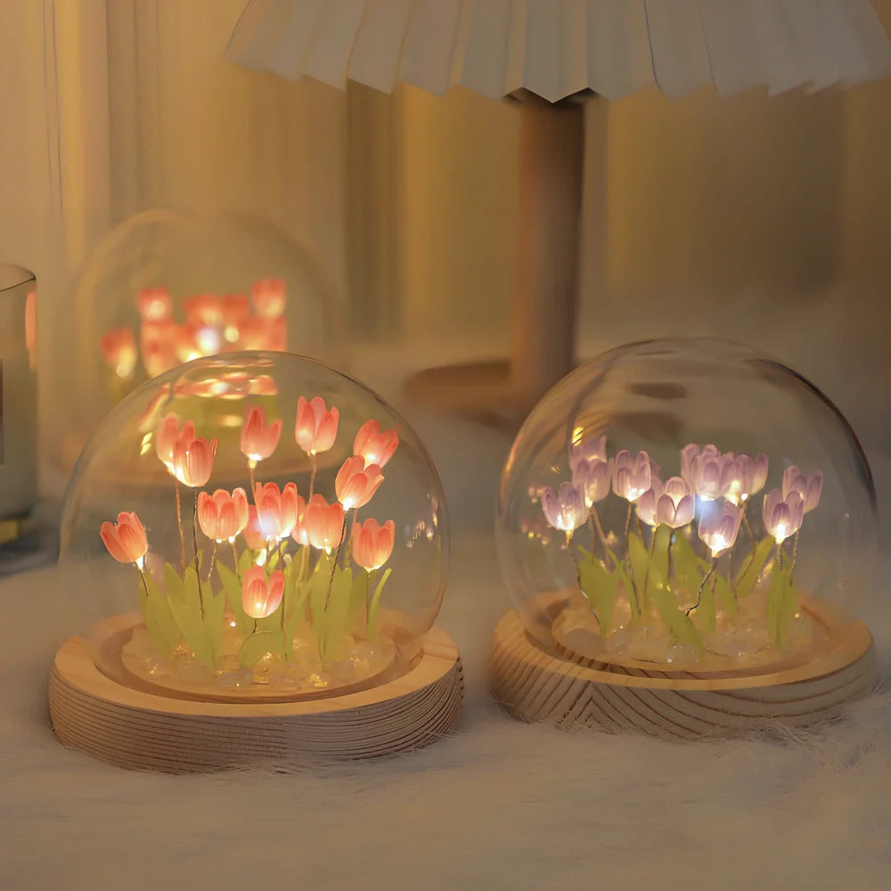 Handmade tulip night light with glass lampshade and adjustable heat shrinkable film flowers in blue, pink, or purple