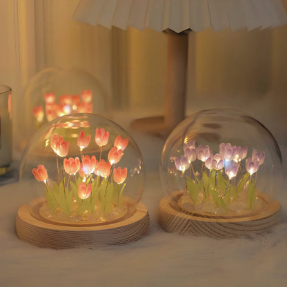 Handmade tulip night light with glass lampshade and adjustable heat shrinkable film flowers in blue, pink, or purple