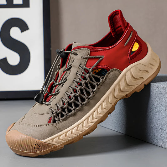 Men's hand-woven sandals with closed toe design in grey red colour showing elastic bands and rubber soles