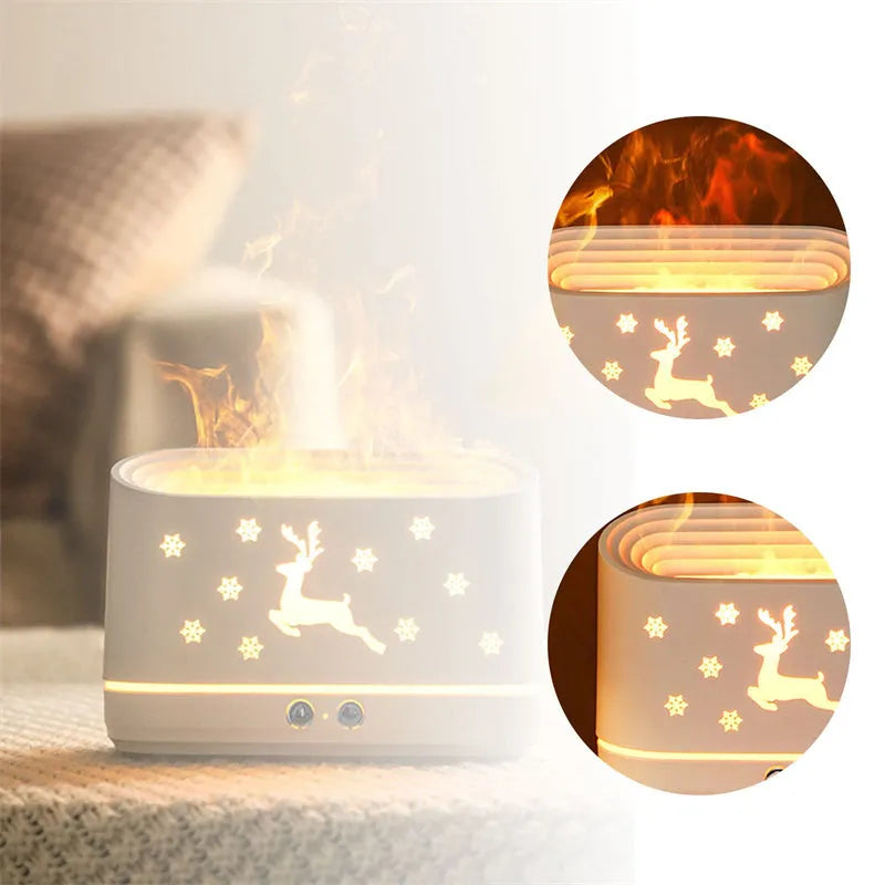White Elk Flame humidifier diffuser with Christmas pattern and glowing adjustable flame effect.