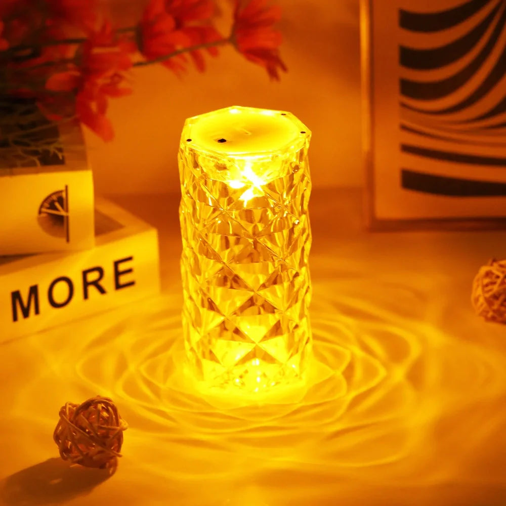 Clear acrylic table lamp with rose petal pattern, 12.2cm height, LED lighting