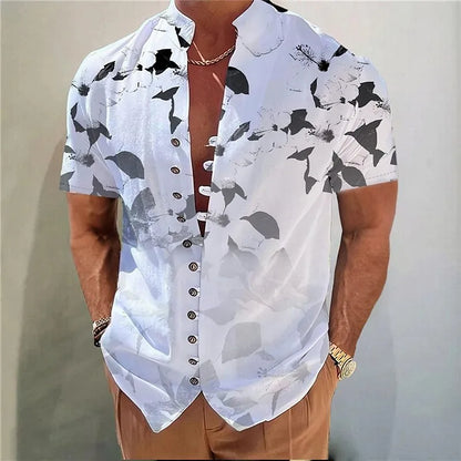 Youth wearing geometric floral print short sleeve cardigan shirt in chemical fibre blend fabric