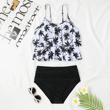 High waist double-layer printed swimsuit with polyester fabric for swimming activities