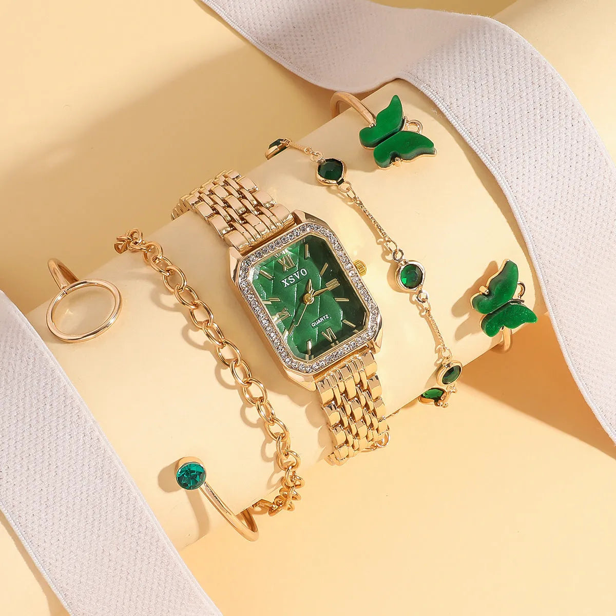 Gold green square women's watch with four matching butterfly bracelets, alloy case, 25mm dial
