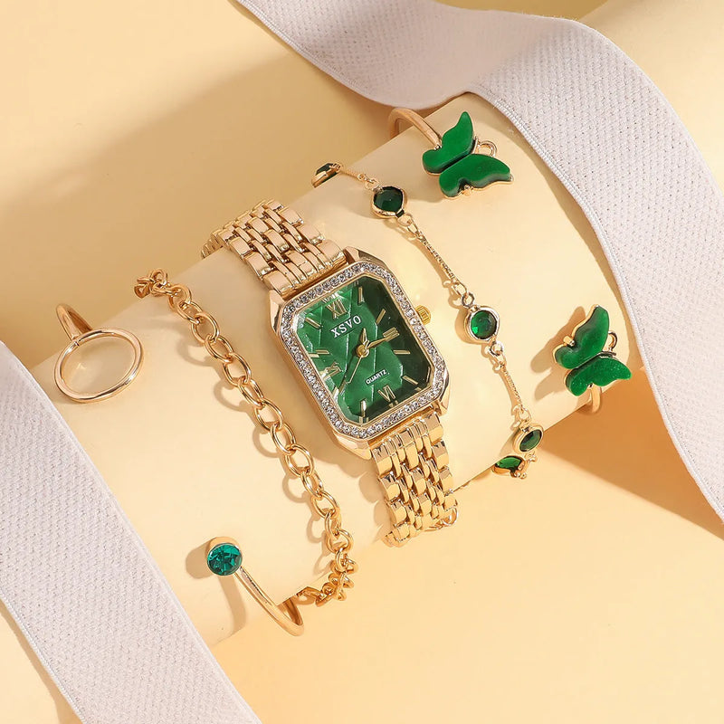 Women's Fashion Square Watch with Butterfly Bracelet Set, Gold Green Alloy Case, 25mm Dial, 9mm Thickness, Spiral Crown, Glass Mirror, Includes 4 Matching Bracelets, 5-Piece Gift Set