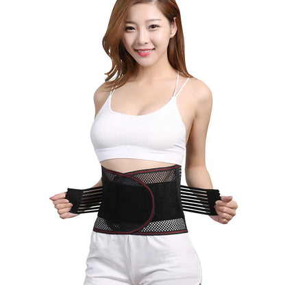 Black sports waist support belt with steel plate for lumbar decompression during fitness and sports.
