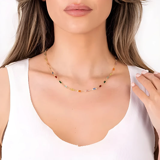Geometric coloured glass pendant on an adjustable silver-tone alloy chain, modern women's necklace.