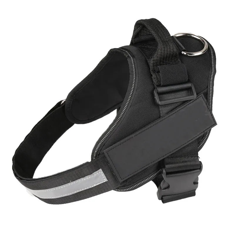 A reflective adjustable no-pull dog harness in nylon, shown on a dog, with a sturdy handle and D-ring for leash attachment.
