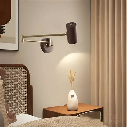 Vintage style wall lamp with rotating long arm and wood finish