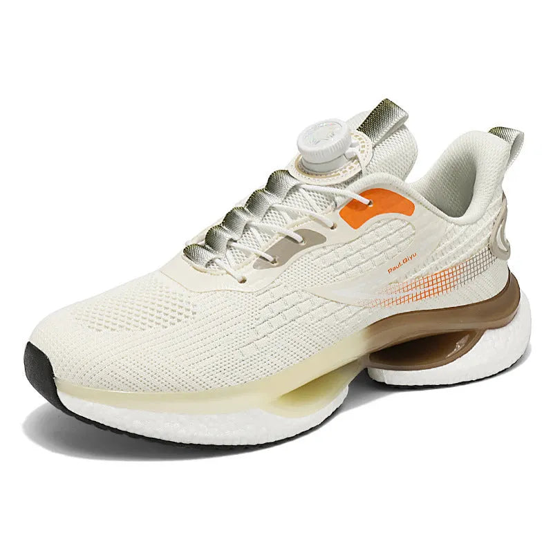 Men's low-top white running shoe with a rotating buckle closure and mesh upper.