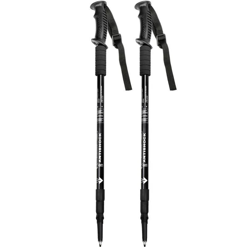 Aluminium alloy telescopic trekking pole extended with straight handle, shown with accessory tips including foot cover and snow holder.