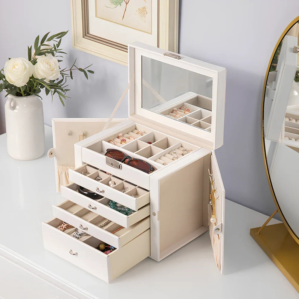Large jewellery box with multiple compartments for cosmetics and accessories storage