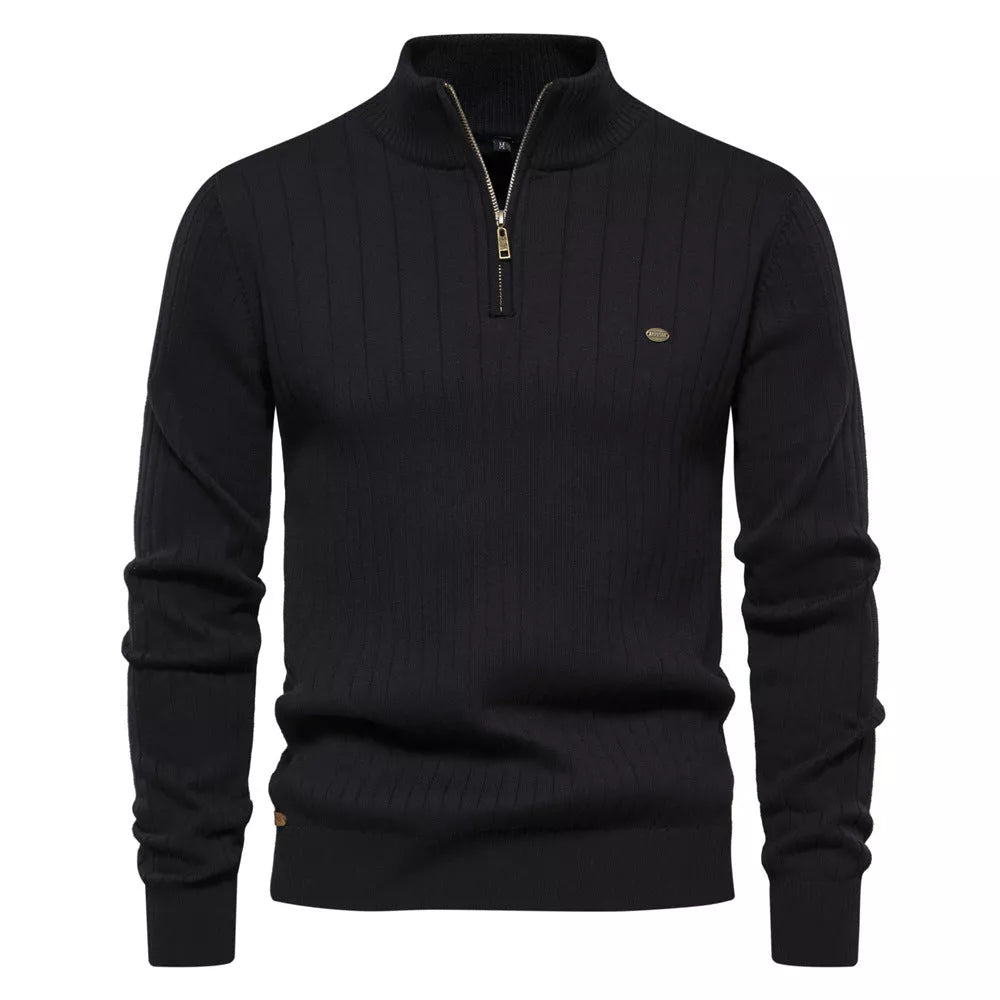 Men's stand collar half-zipper knit sweater in slim fit, available in multiple colors