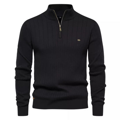 Men's stand collar half-zipper knit sweater in slim fit, available in multiple colors