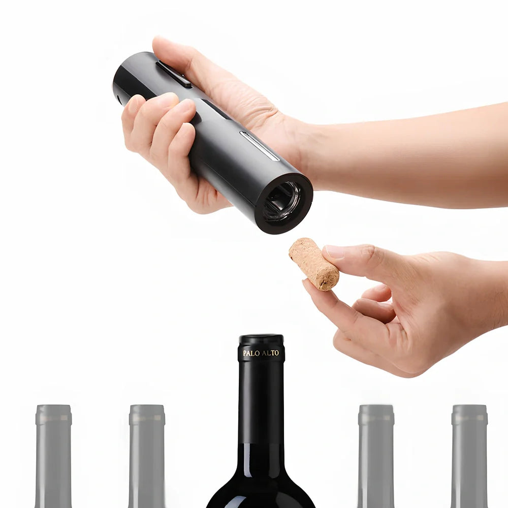 Black electric wine bottle opener set with decanter, foil cutter, and vacuum stoppers in storage base