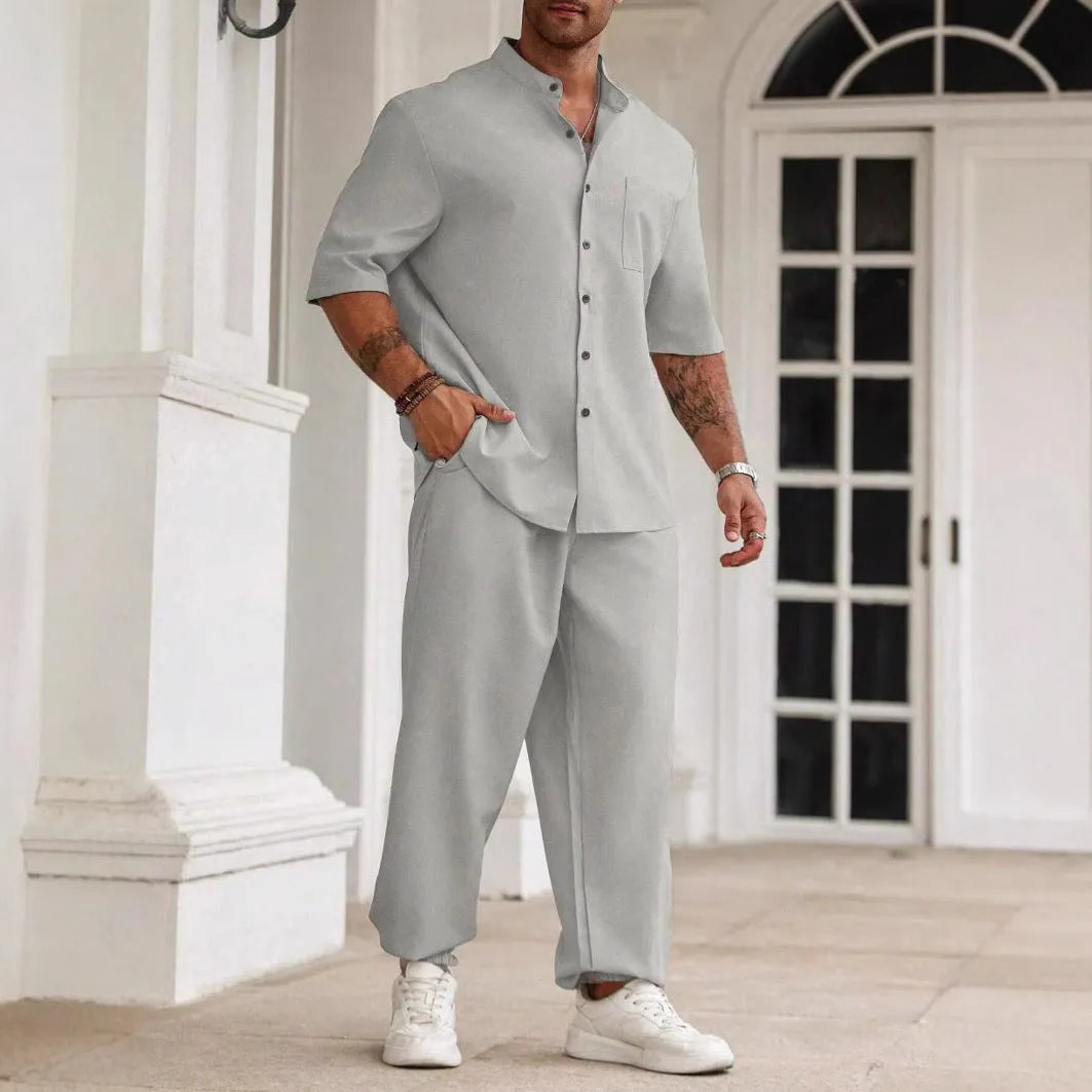 Men's casual short-sleeved button shirt and trousers set in cotton linen fabric