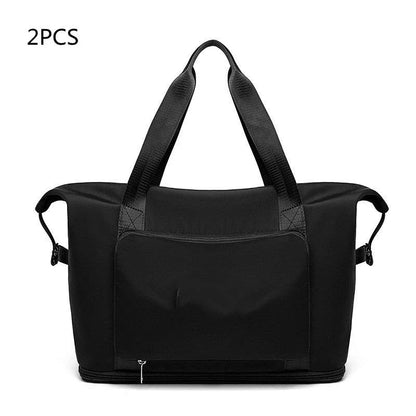 Roomy and foldable gym bag for women with waterproof Oxford fabric, multiple pockets, and wet/dry separation compartment