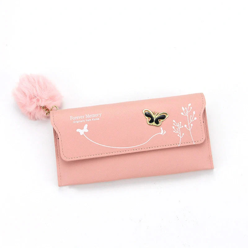 Ladies Long Hair Ball Bow PU Leather Purse in various colors with magnetic buckle