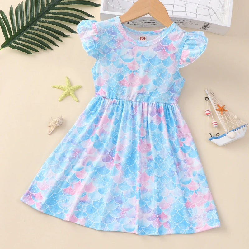 Children's flounced sleeve dress with A-line skirt design, available in seven colour options and five height-specific sizes from 90cm to 130cm for girls aged 1-6 years, featuring 100% polyester fabric with lining for structured fit.