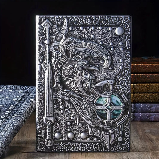 Handmade leather A5 notebook with 3D warriors relief embossing, showing bronze colour and open pages