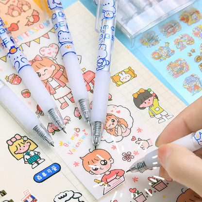 Cute Cream Bear press pen knife set showing six designs: Orange Bear, Doll Bear, Gourmet Bear, Bowtie Rabbit, Bag Rabbit, Winged Rabbit, Rabbit Bear