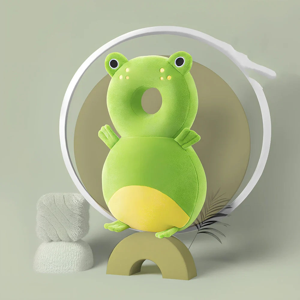 Toddler head protection pad with animal character design showing 33cm by 19cm dimensions