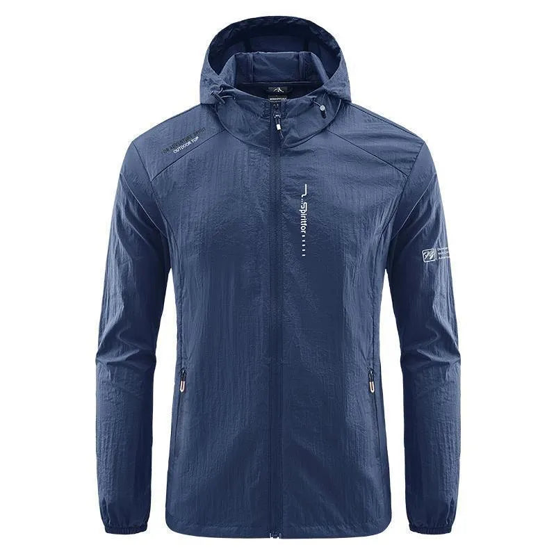 Light grey men's hooded nylon summer jacket on a hanger, loose fit.