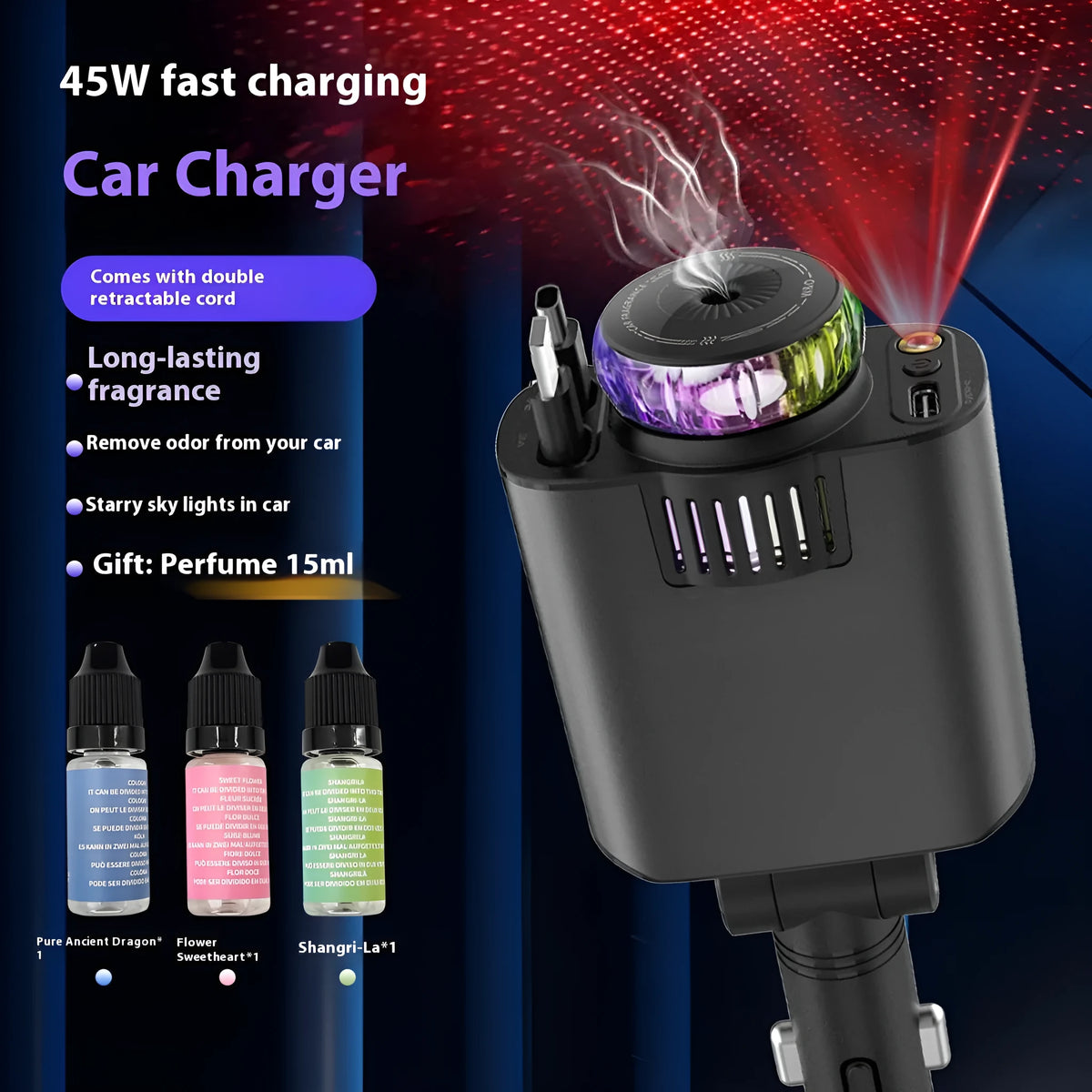 120W fast charge car charger with dual Type-C, starry sky light, and aromatherapy spray