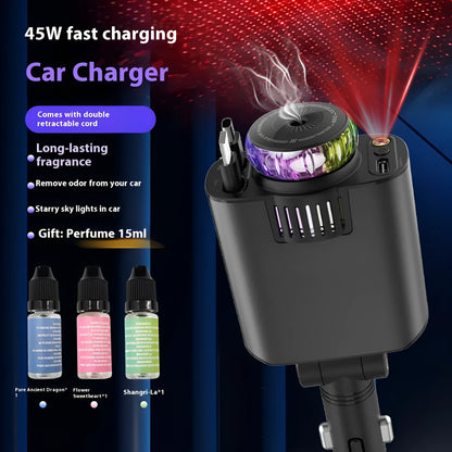 120W fast charge car charger with dual Type-C, starry sky light, and aromatherapy spray