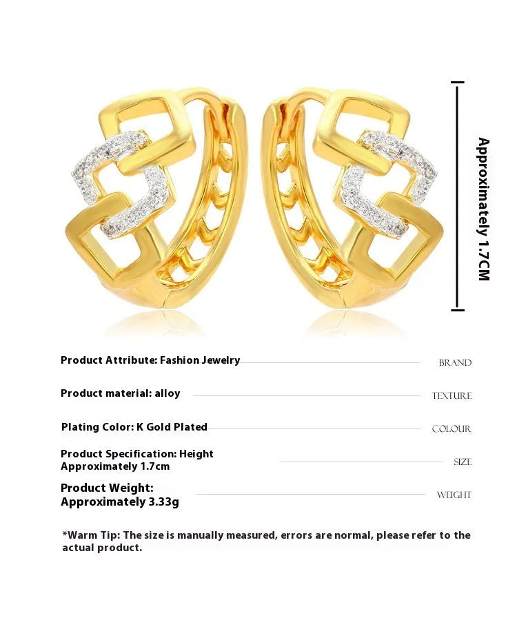 Gold geometric hollow-out alloy stud earrings on a plain background.